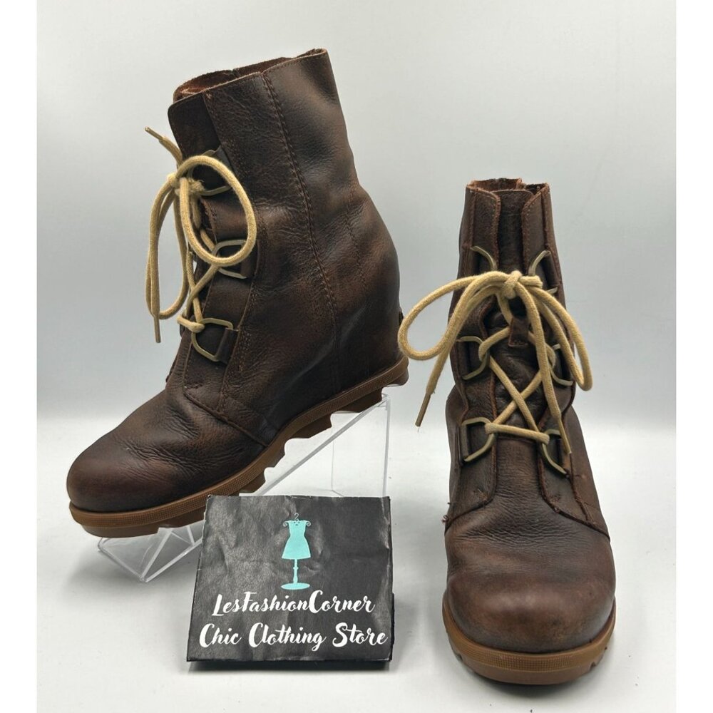 Sorel Women's Brown Leather Joan of Arctic Wedge II Waterproof Boots Size 9 3249